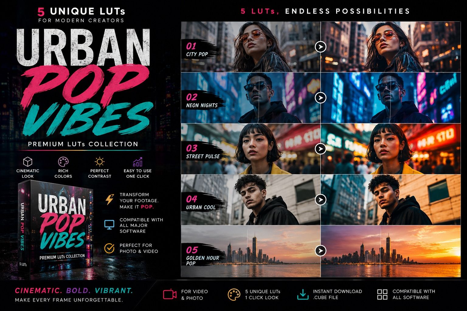 Urban Pop Vibes LUT pack cover showing five before-and-after colour grades